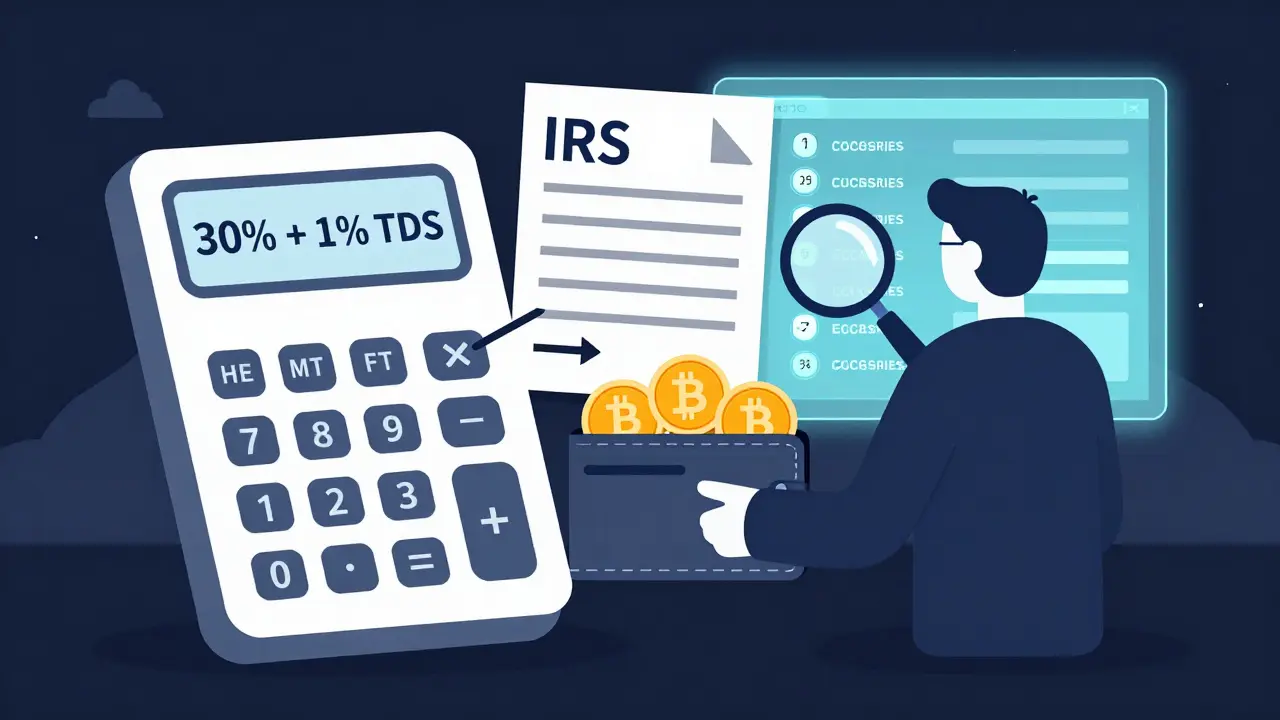 Someone facing a giant tax calculator with audit letters looming, tracking crypto wallet activity.