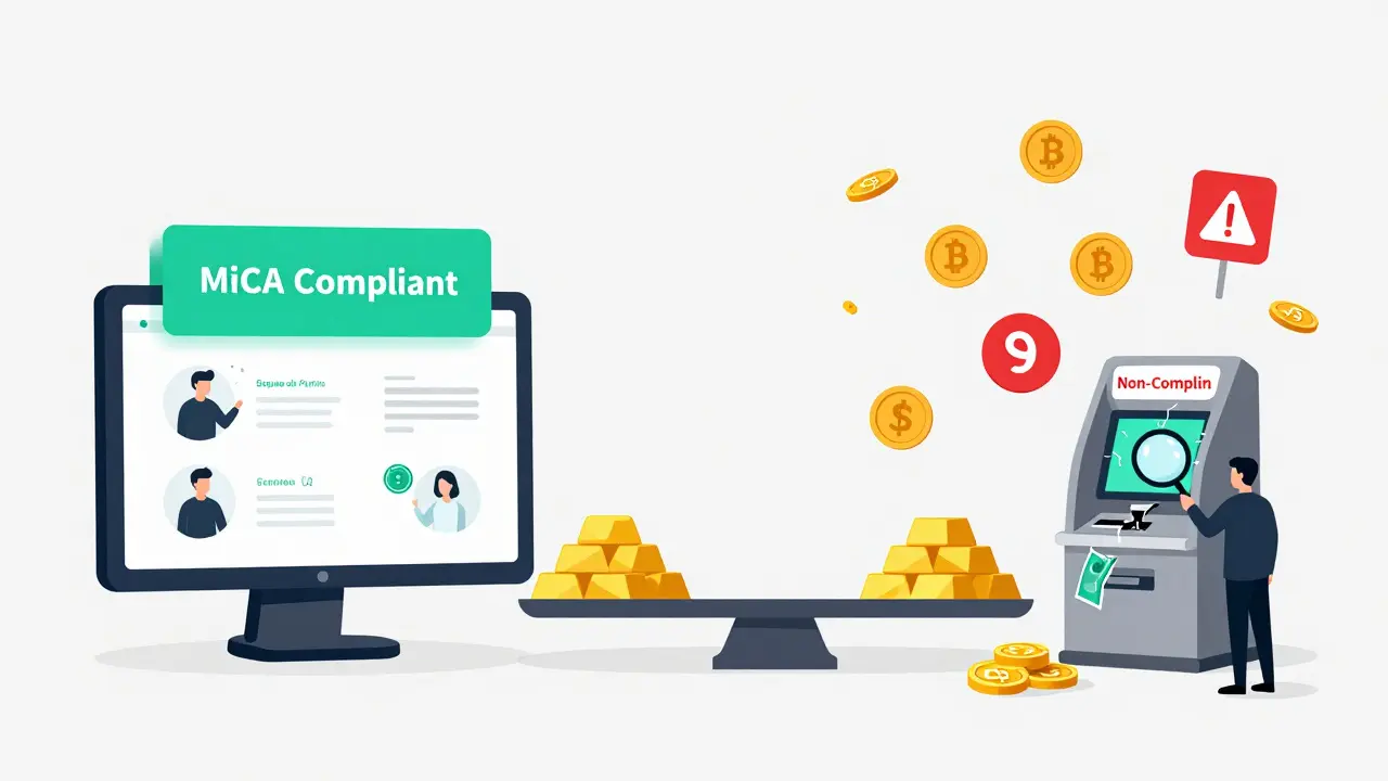 Split illustration: compliant crypto exchange vs. chaotic non-compliant platform with stablecoin reserves on a scale.