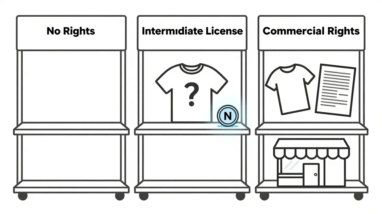 Three shelves labeled by NFT usage rights, with only the commercial rights shelf showing usable merchandise.
