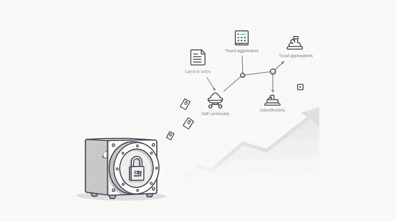 A CRV token above a locked vault with voting symbols rising toward DeFi protocols, symbolizing governance and yield incentives.