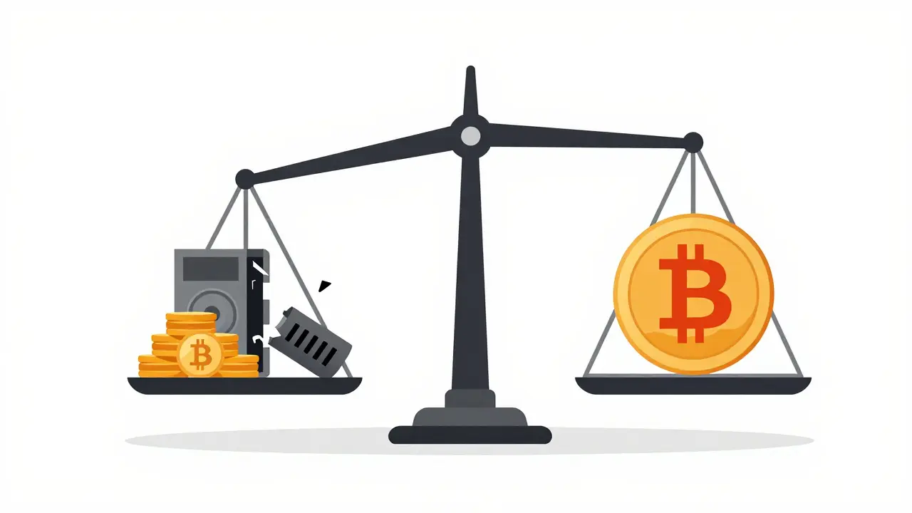 A scale tipped toward digital yuan, with Bitcoin and mining equipment crushed on the other side under a government seal.
