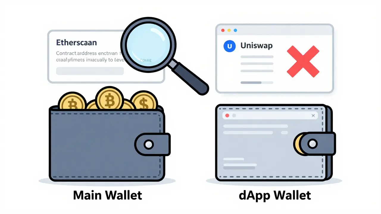 A secure main wallet in a vault versus a risky dApp wallet connected to a fake website.