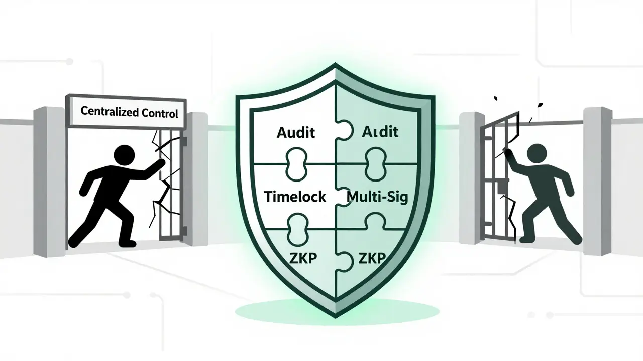 A shield made of security features protecting a wallet from a shadowy centralized threat.