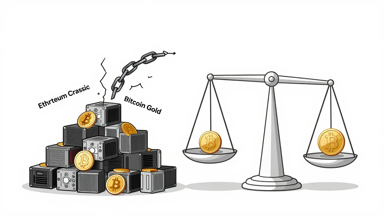 A small blockchain coin loses balance against massive mining hardware, while Bitcoin stands secure.