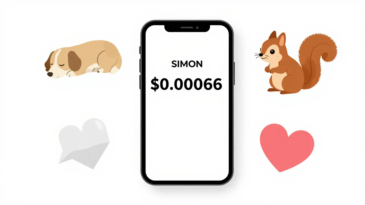 A smartphone screen showing a low-value crypto token with floating dog memes, no text, soft colors.