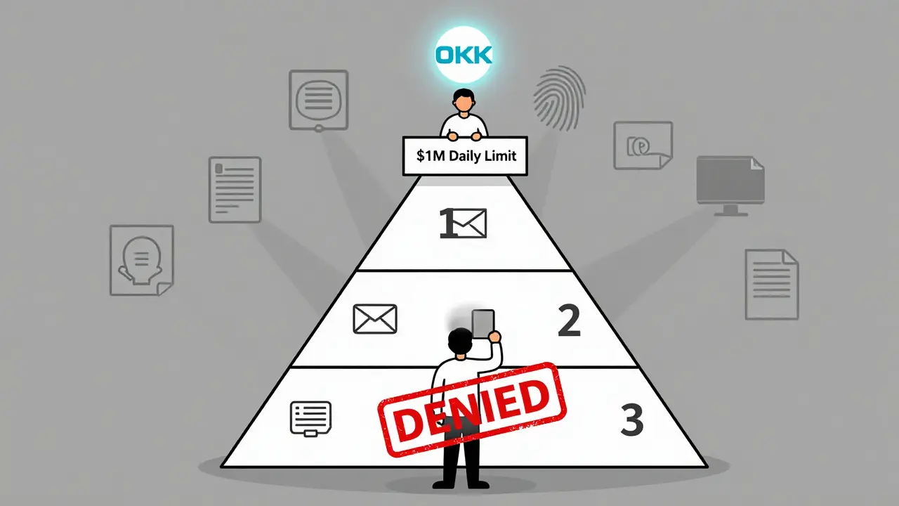 A three-level KYC pyramid with a blocked user at the bottom and a verified user at the top under a M limit.