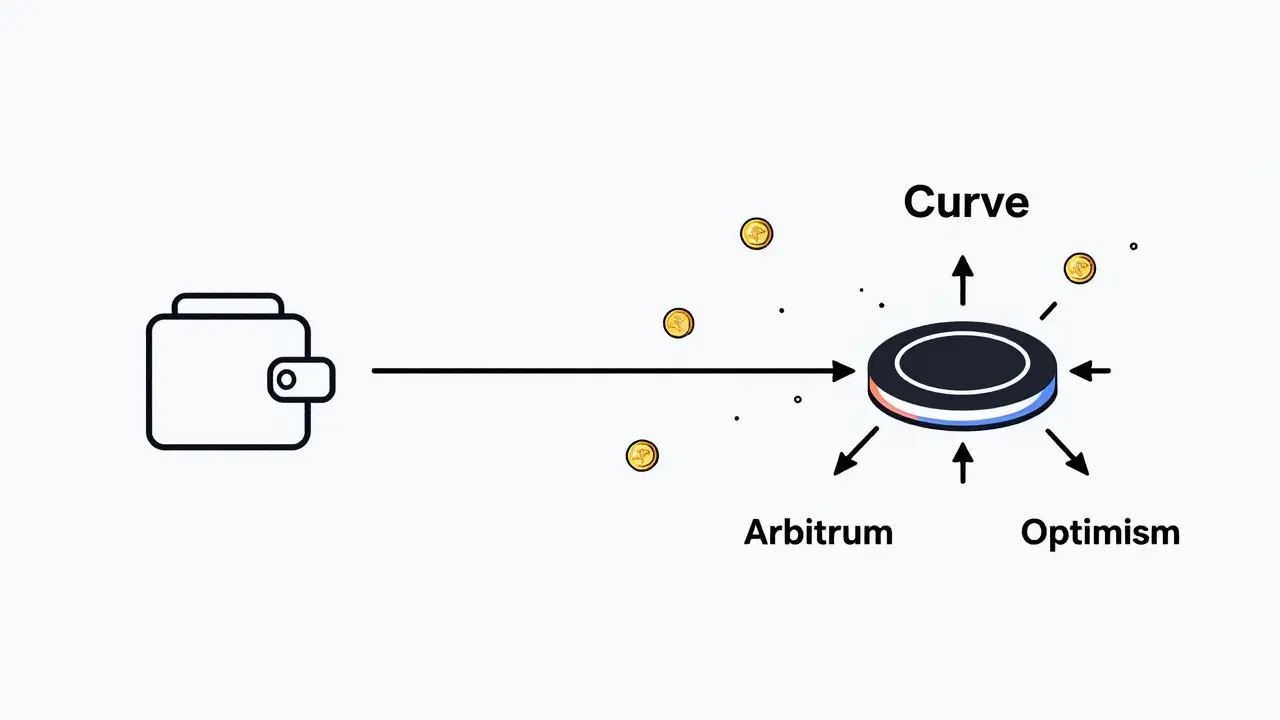 A wallet connected to multiple blockchain chains with smooth token flows, illustrating Curve's cross-chain liquidity infrastructure.