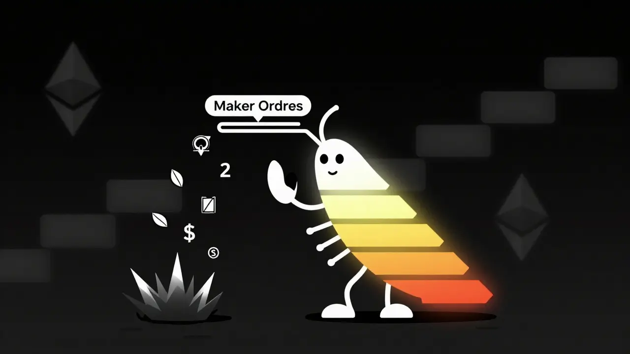 Abstract minimalist representation of the LOBSTER algorithm showing efficient order matching with reduced gas costs.