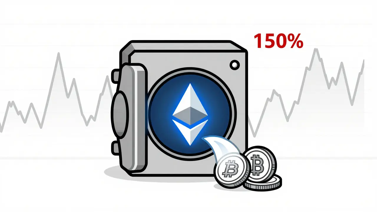 An Ethereum token locked in a vault with DAI loans and a 150% threshold line in minimalist style.