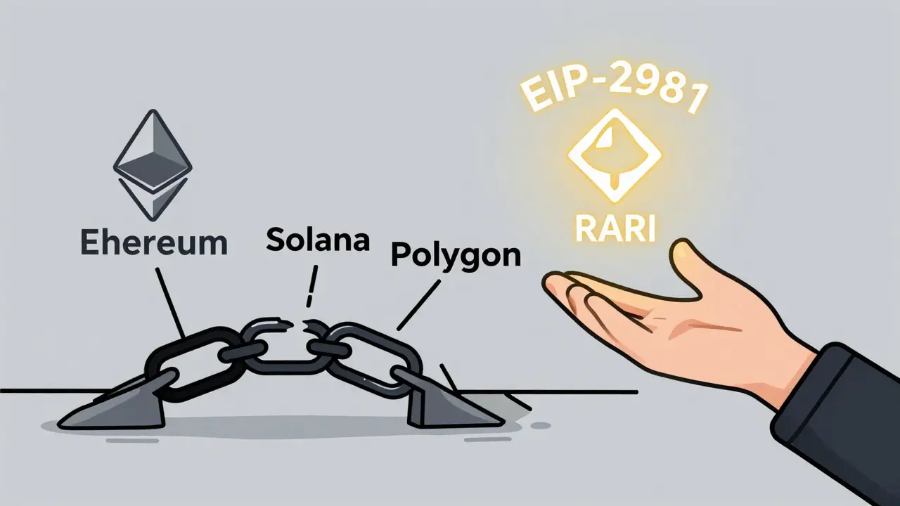 An NFT bridge breaks between blockchains, while a new chain with enforced royalties glows above.