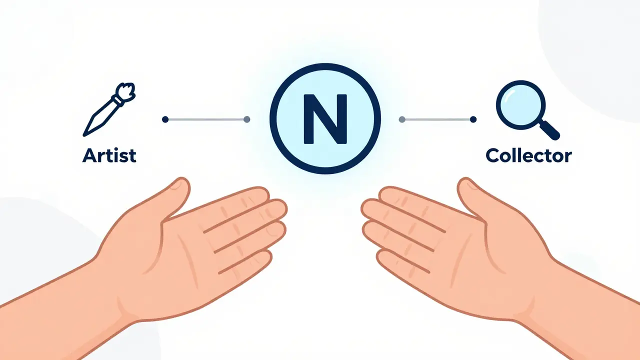 Artist and collector reaching for an NFT token with a timeline of past owners behind them.