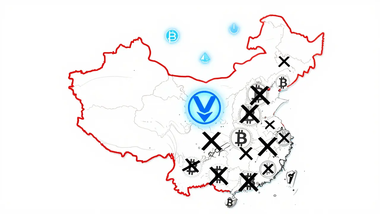 China outlined in red, all crypto symbols crossed out inside, while digital yuan glows centrally with surveillance dots.