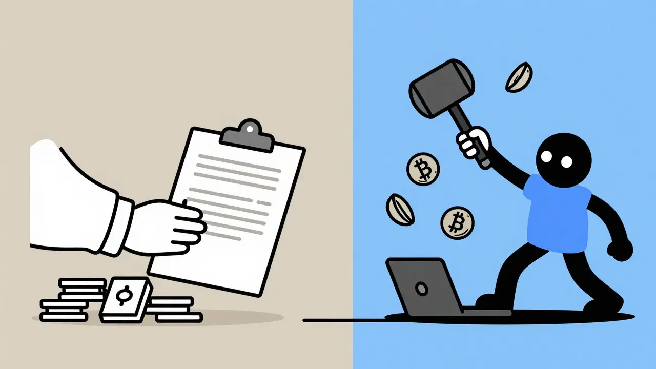 Contrasting bank and DeFi collateral handling with two hands in a minimalist split illustration.