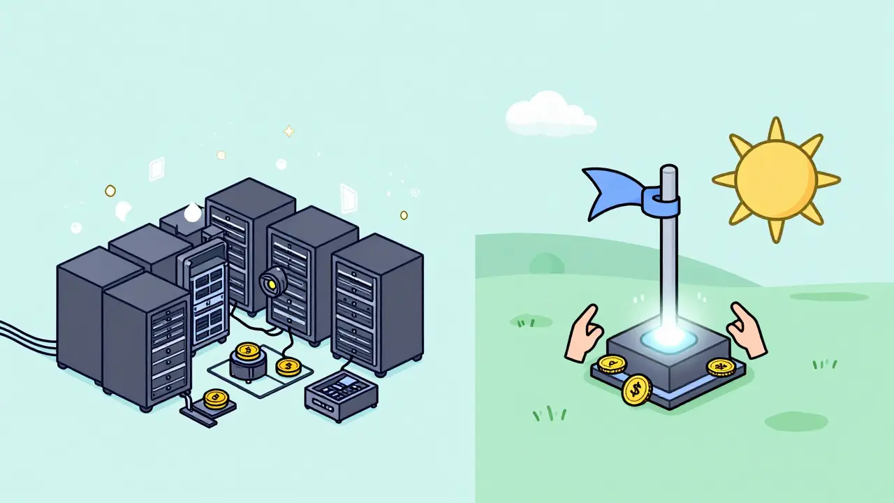 Contrasting cluttered mining data center with a calm, sun-and-wind-powered blockchain node.