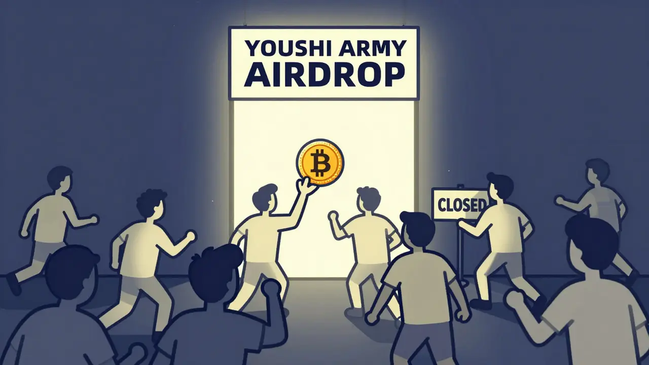 Crowd rushing toward an airdrop portal as a 'CLOSED' sign appears, with one person paying gas fees.