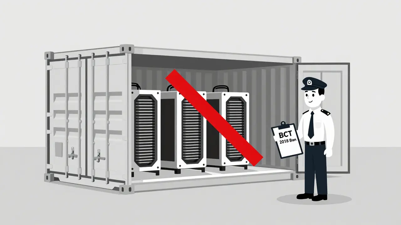 Customs inspectors seizing mining equipment with a banned crypto symbol.