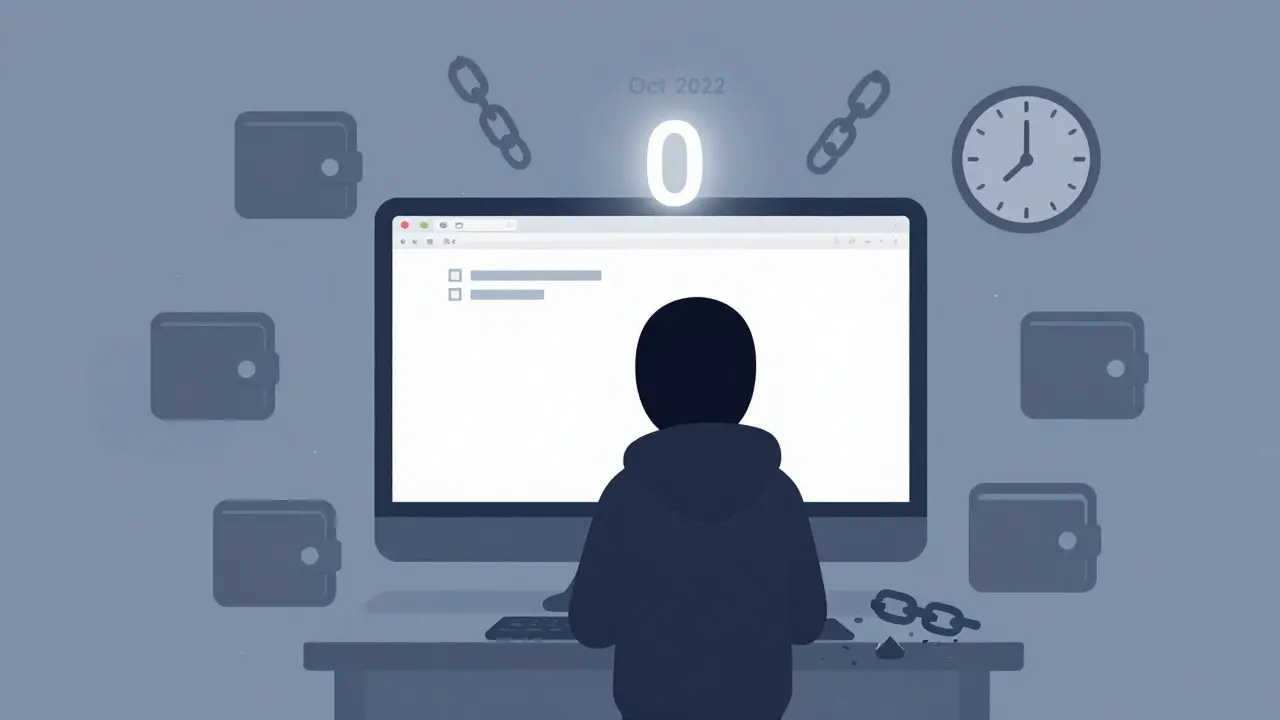 Faceless figure at a blank screen showing a smart contract address, surrounded by empty wallets and broken chains.