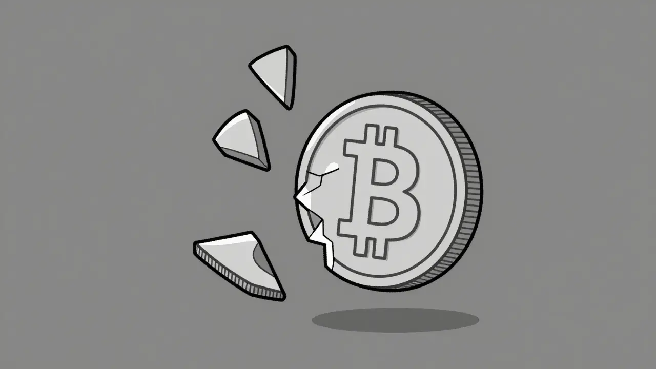 Fragmented coin symbol showing volatility and uncertainty