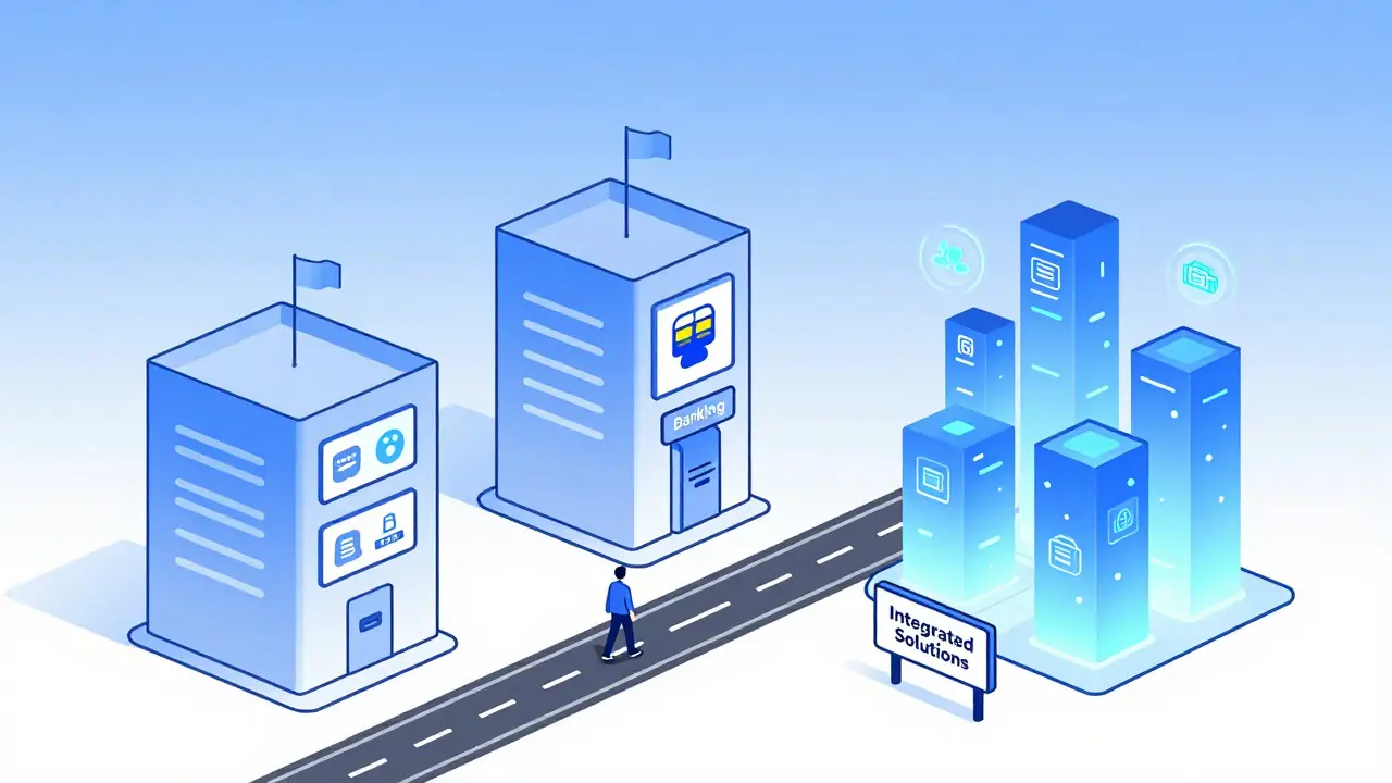 Futuristic city where each building represents a BaaS type — backend, banking, and blockchain — connected by a single road.