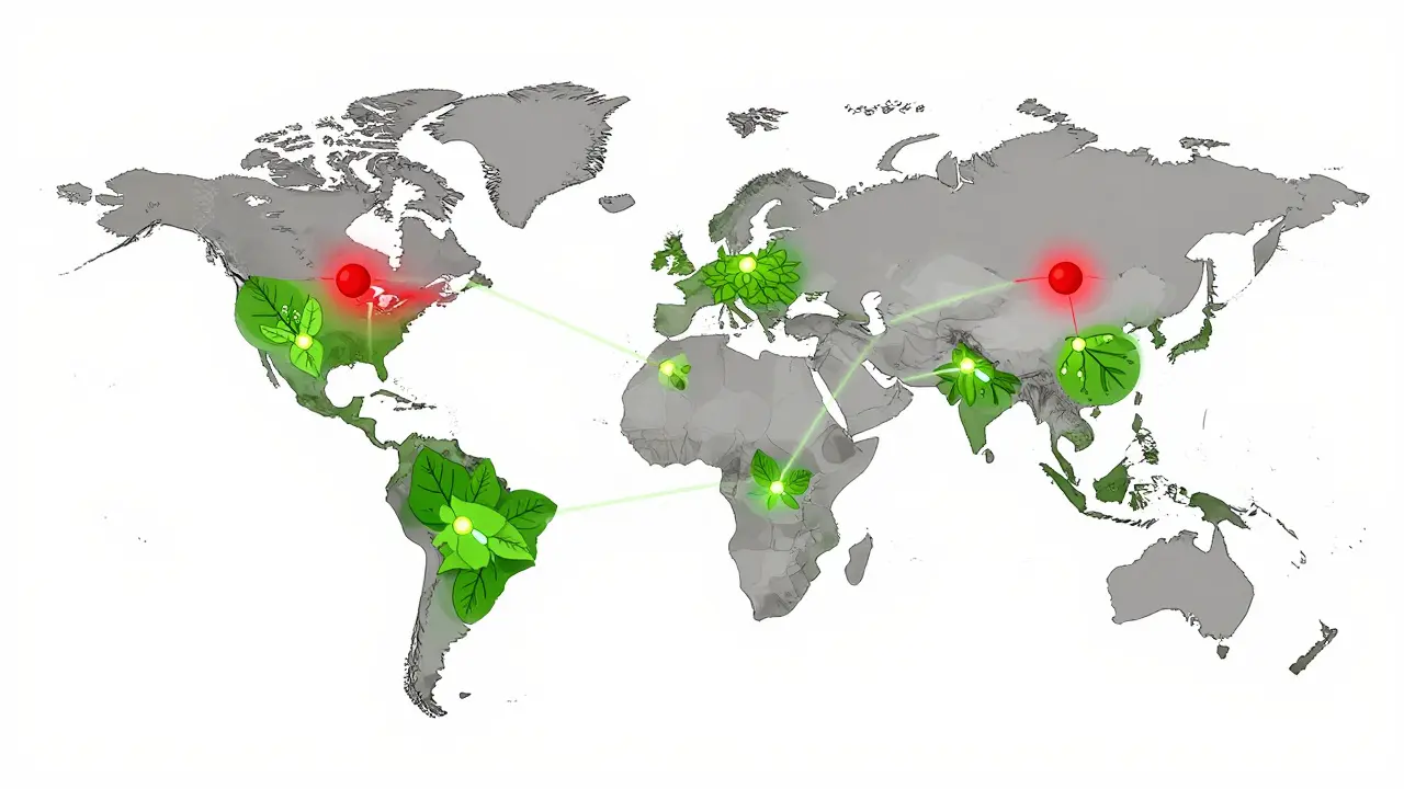 Global map with red energy-heavy nodes and green sustainable blockchain connections for carbon credits and solar trading.