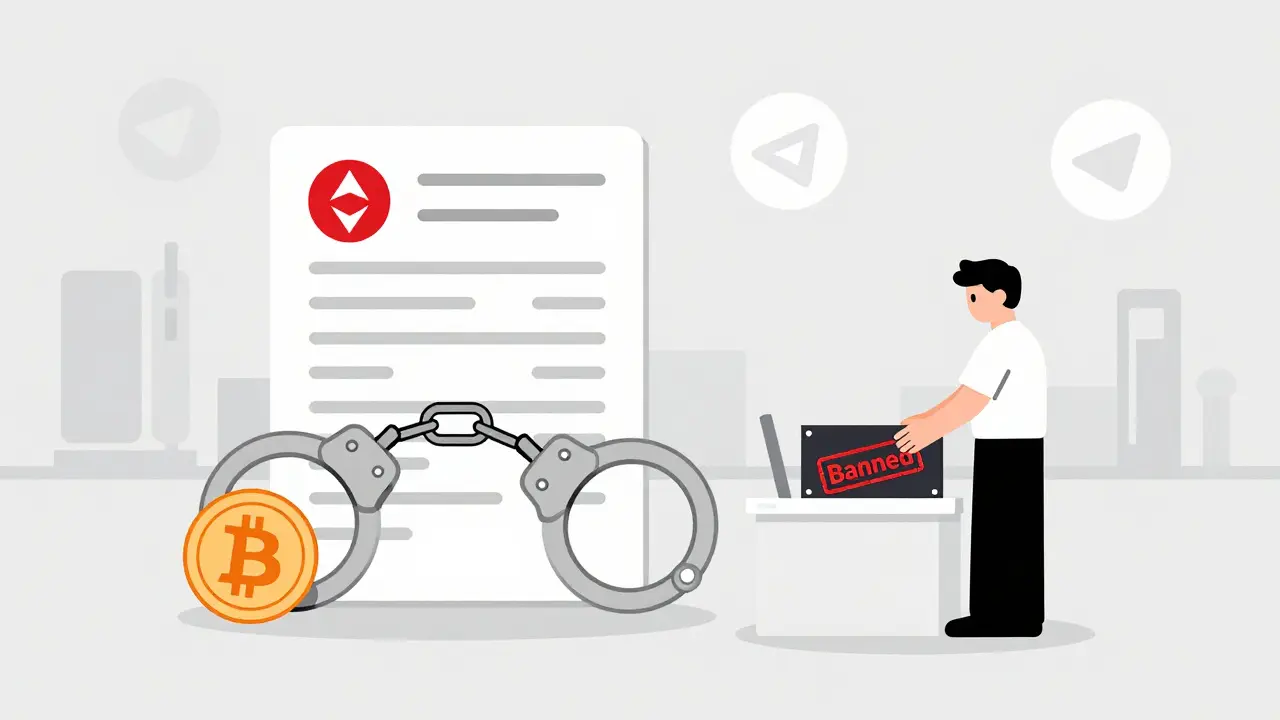 Handcuffs made of crypto coins clamp down on a bank statement as mining gear is seized.