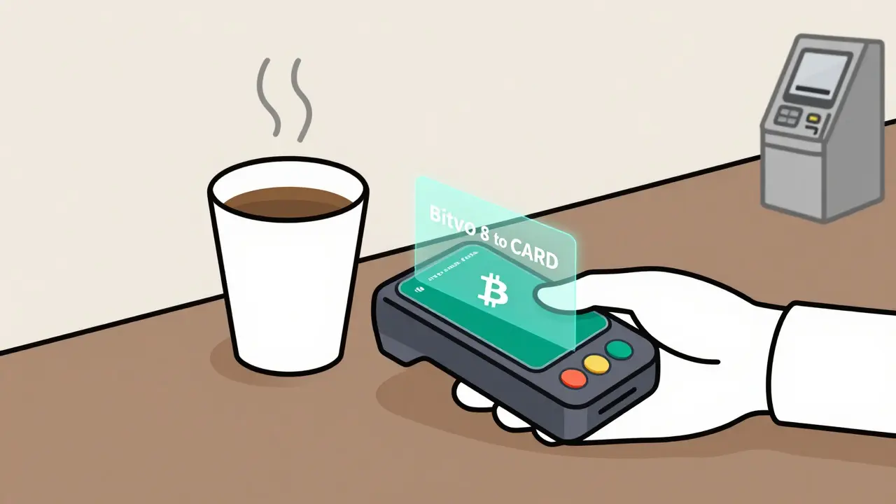 Person using Bitvo Cash Card to buy coffee, with crypto-to-CAD conversion shown.