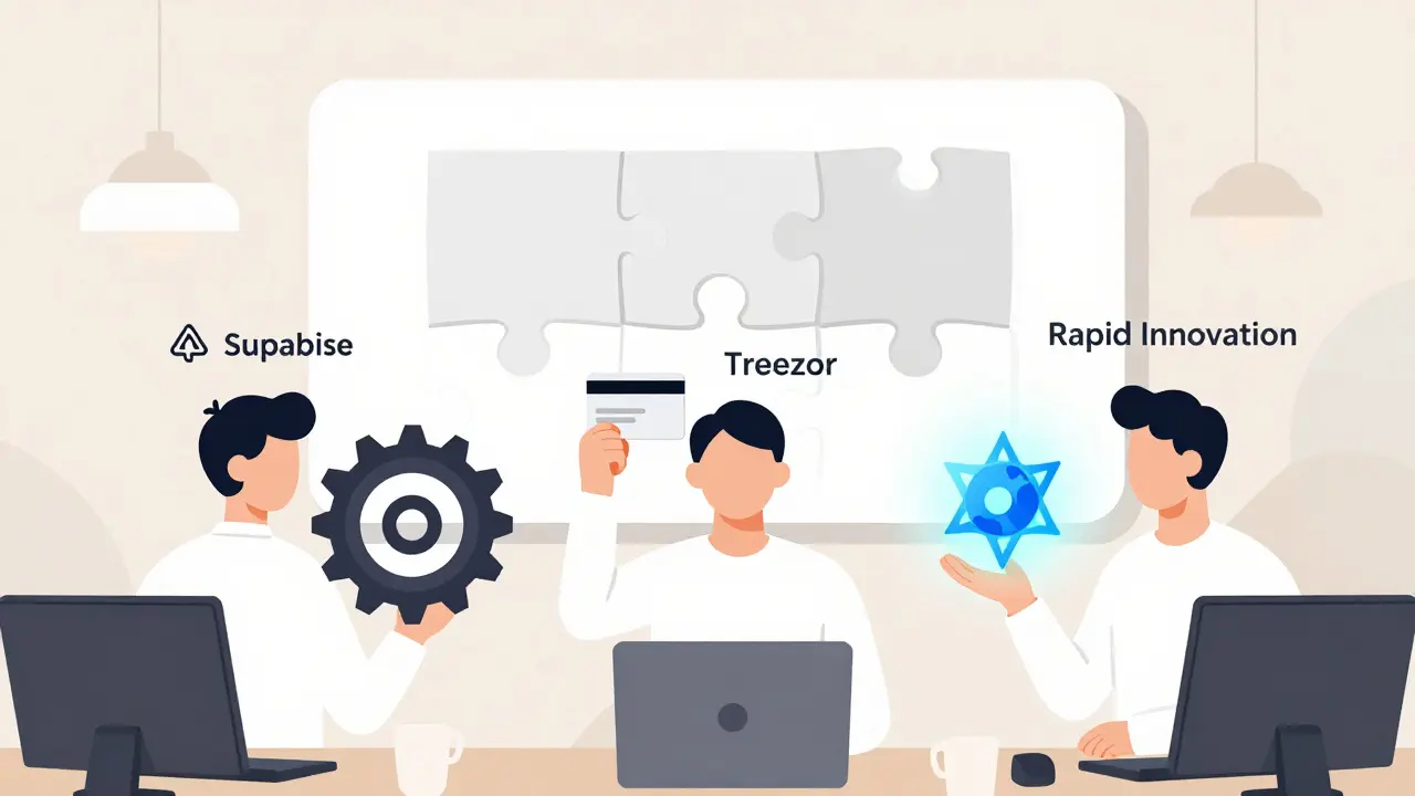 Startup team holding symbolic tools for Supabase, Treezor, and Rapid Innovation, with a puzzle board behind them representing integration.