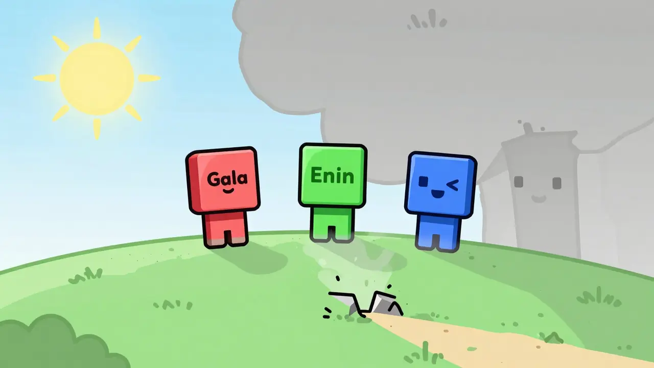 Three active crypto game icons on a hill as Lucky Block v2 fades to dust at their feet.
