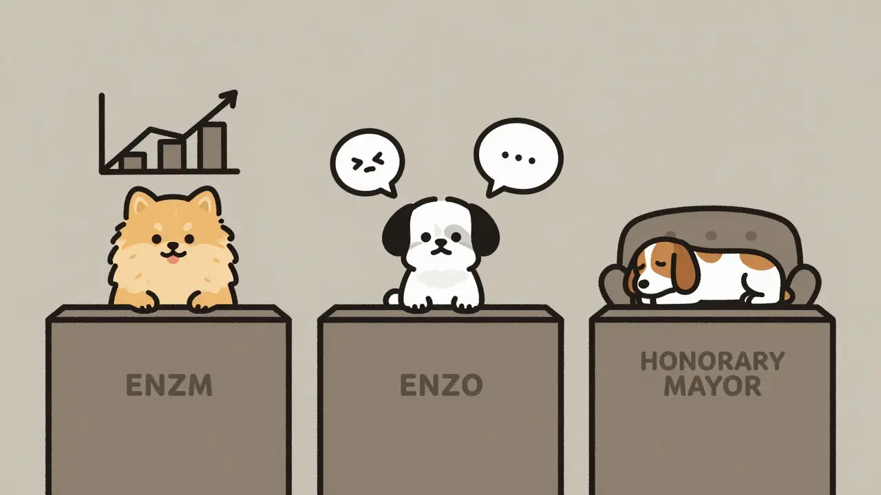 Three dog candidates in a voting scene: one with a crashing graph, another with angry bubbles, one peacefully napping.