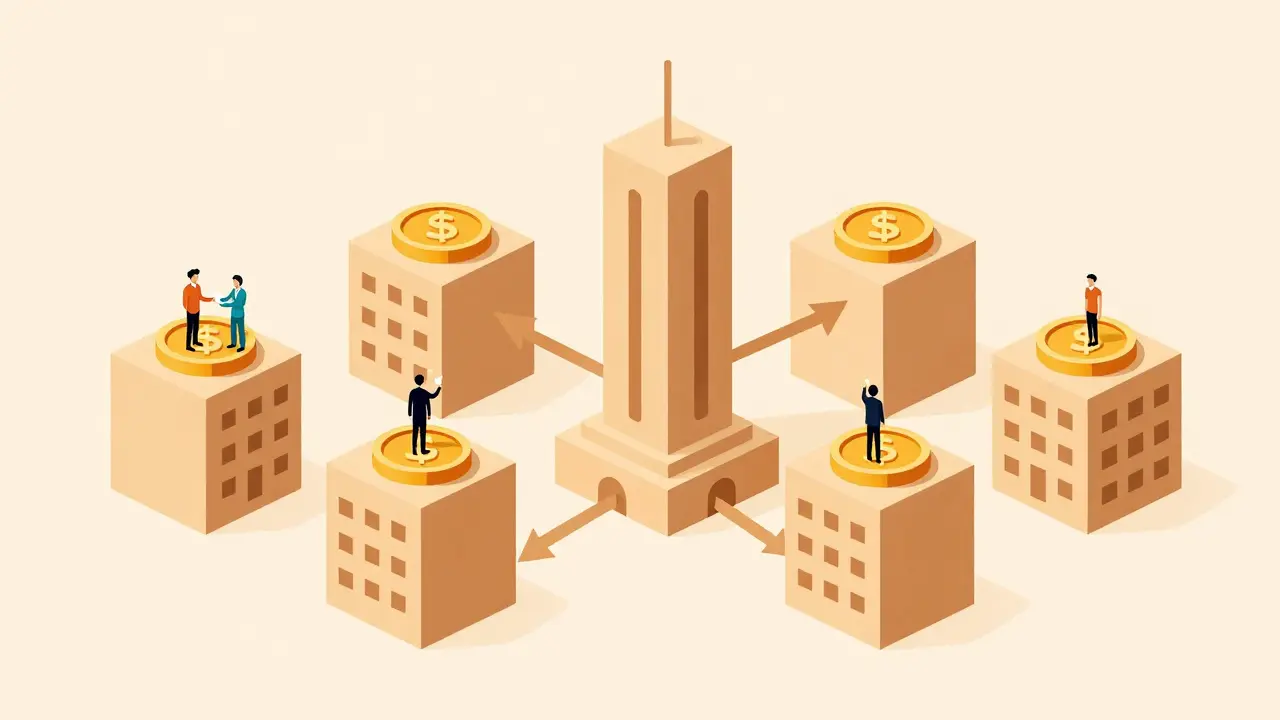 Token-shaped buildings with voters and AI assistant in a decentralized city