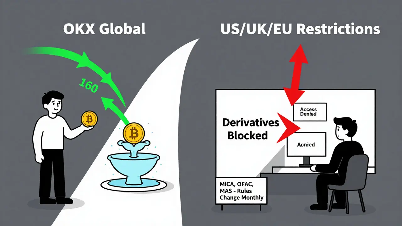 Two paths: one with smooth crypto trading, the other blocked by regulatory walls labeled 'Derivatives Restricted'.