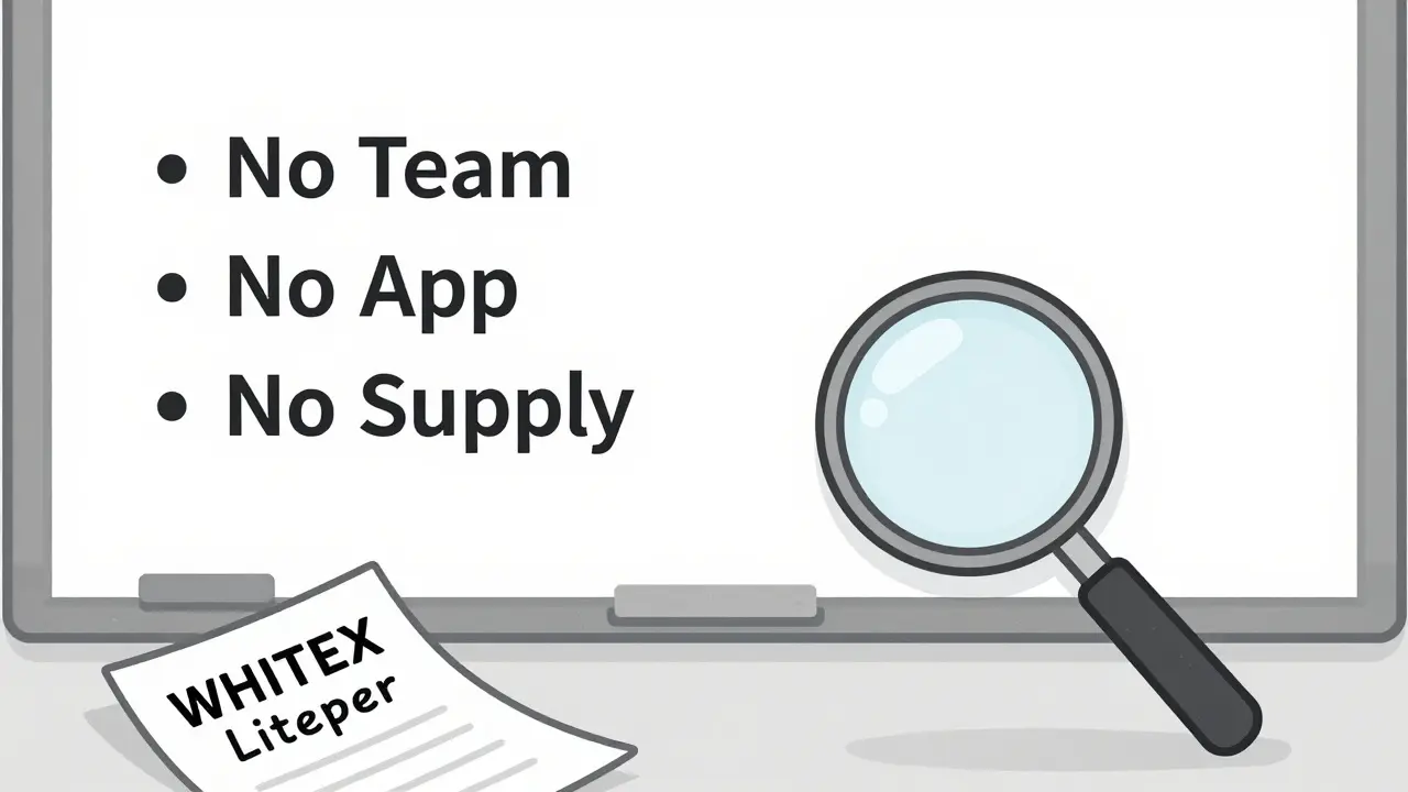 A blank whiteboard lists missing elements of WHITEX, with a discarded fake document on the floor.