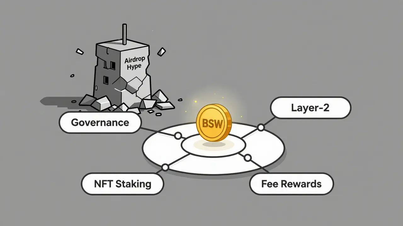 A decentralized network of BSW features glowing brightly as fake airdrop hype crumbles in the background.