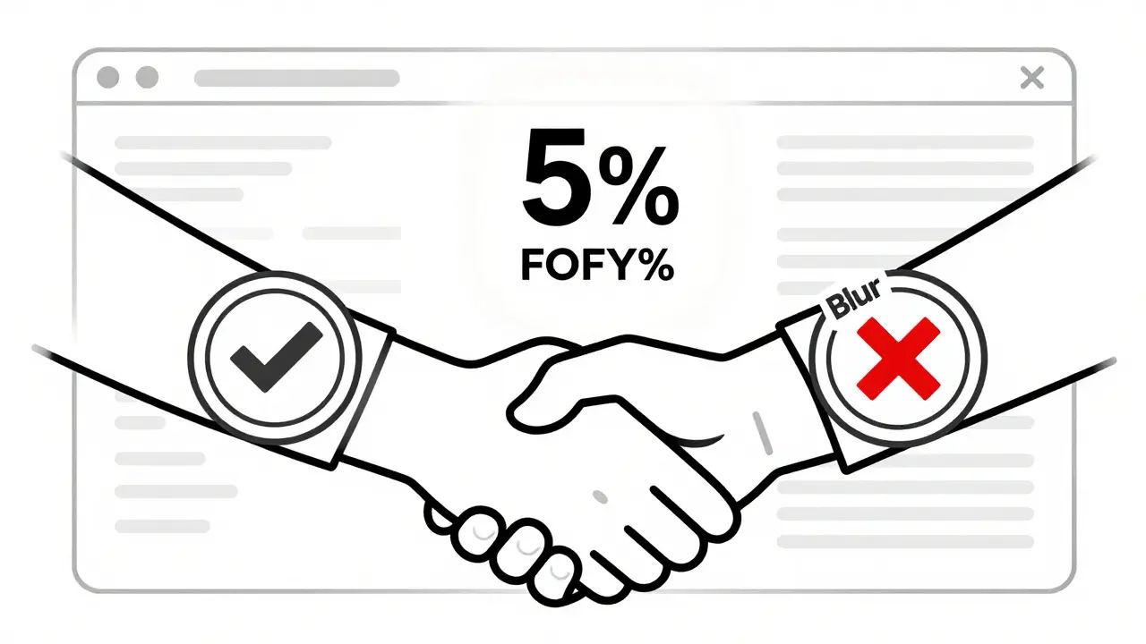 A fractured marketplace shows one side enforcing royalties and the other blocking them, with an NFT in between.