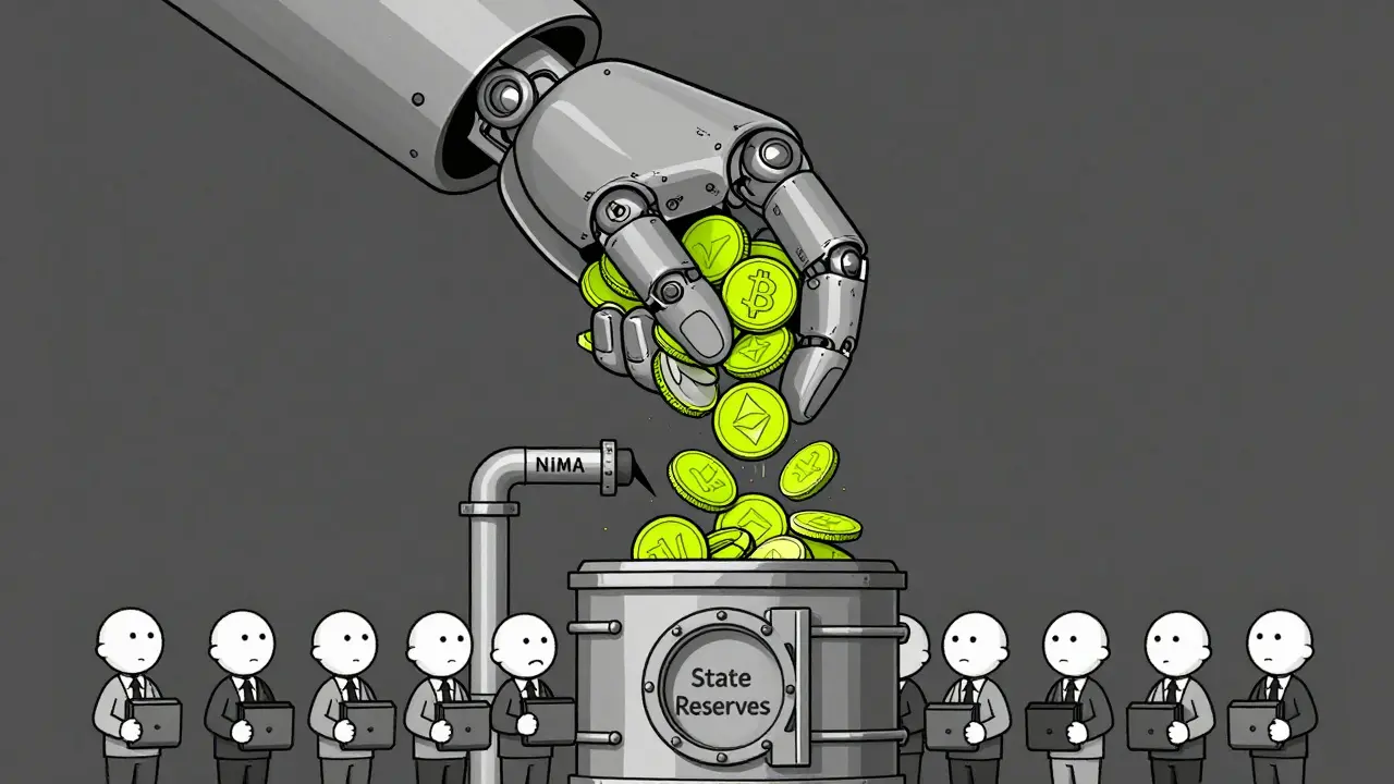 A giant state hand siphoning crypto coins into a vault, while citizens hold empty wallets below.