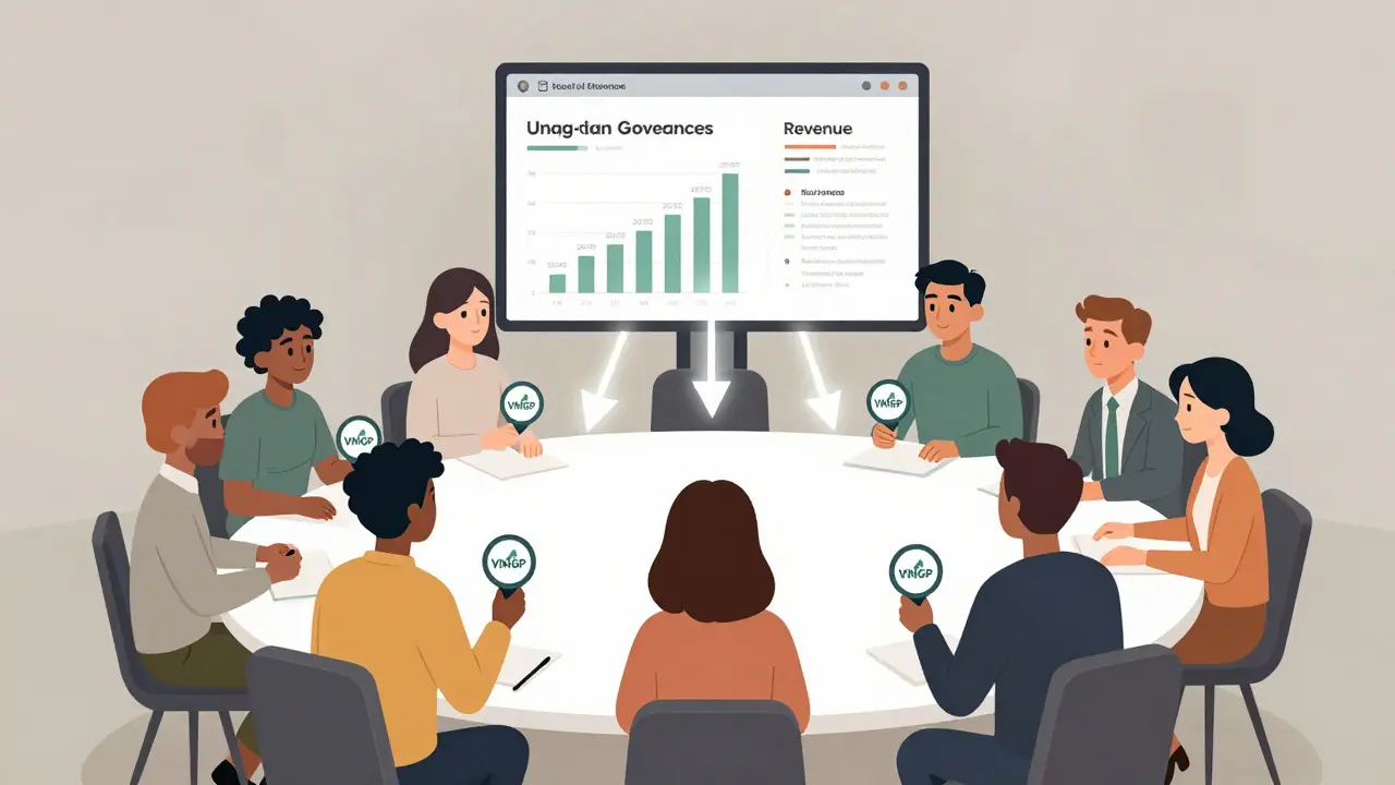 A group of avatars voting around a table, with vlMGP badges and revenue streams displayed centrally.