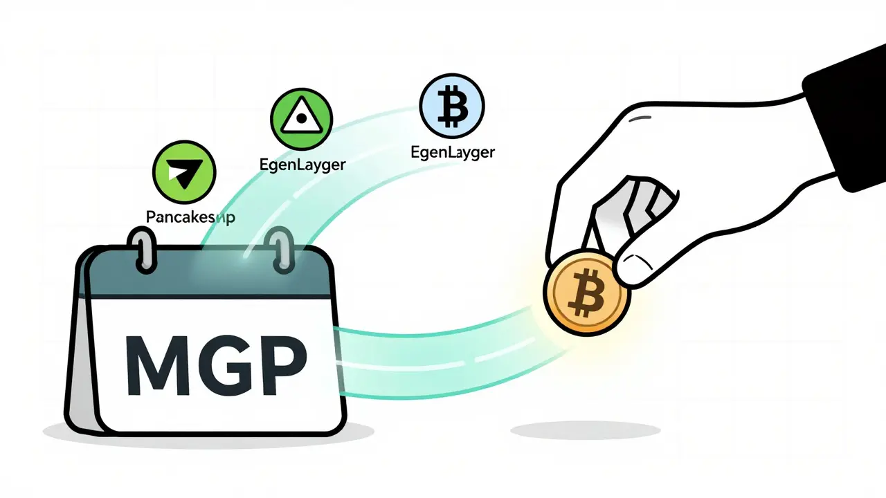 A hand locking an MGP token into a 4-year timer, with reward streams flowing to DeFi protocols.