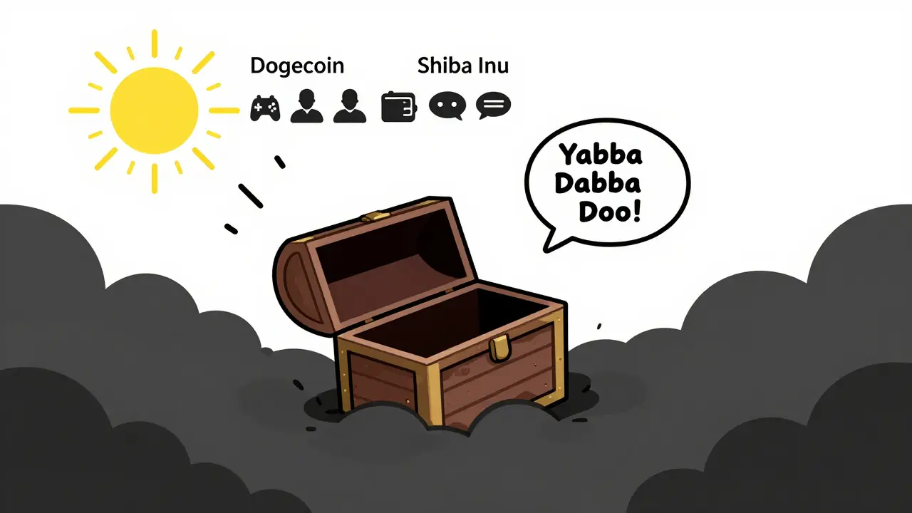 A hollow treasure chest labeled YBDBD sinks into darkness while legitimate crypto coins shine above.