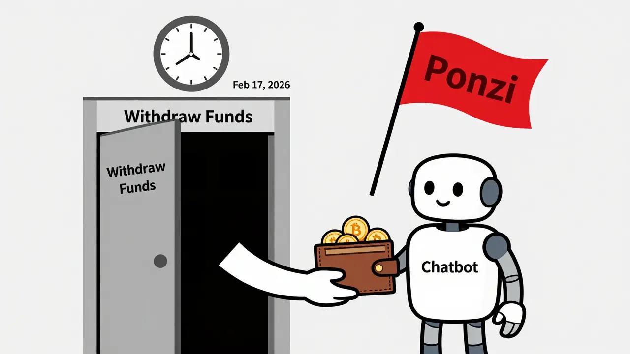 A person deposits crypto to a chatbot as a withdrawal door slams shut.
