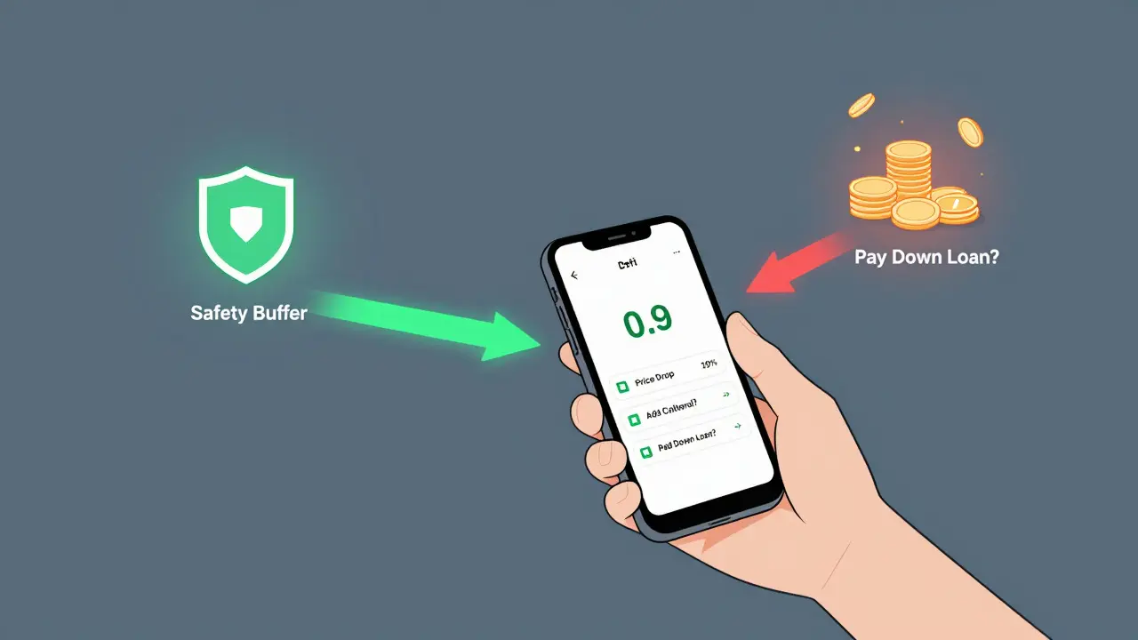 A person stares at a DeFi dashboard showing low health factor, with options to save their collateral.