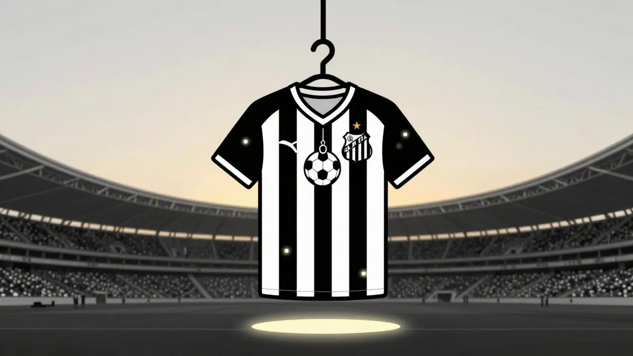 A Santos FC jersey glows faintly with embedded SANTOS tokens, a football-shaped keychain dangling from its collar.
