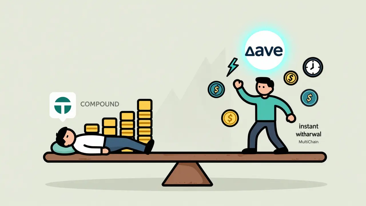 A scale balancing a sleeping investor beside Compound vs. an active trader managing Aave's advanced DeFi tools.