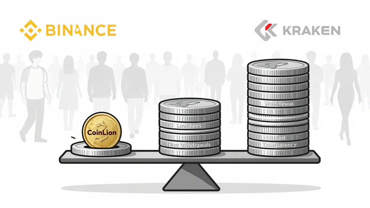 A scale tipping under CoinLion's weight, outbalanced by fees, speed, and transparency.