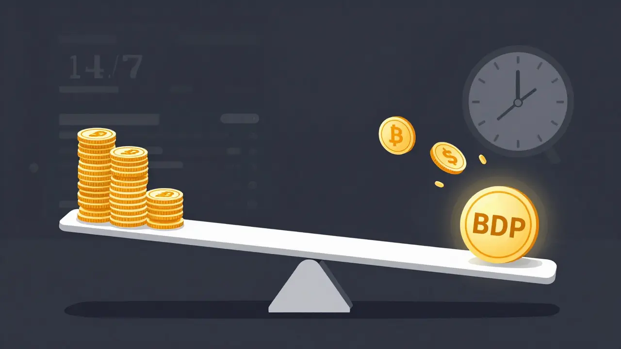 A seesaw tipping as liquidity vanishes from a collapsing token, symbolizing short-term DeFi speculation.