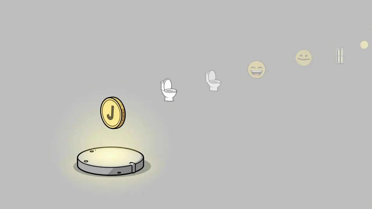 A single JAILSTOOL token spinning above a Solana node, with fading meme icons drifting away.