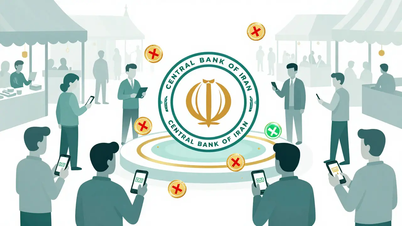 A stylized marketplace where crypto coins flow into a central bank emblem, with USDT banned and DAI glowing.