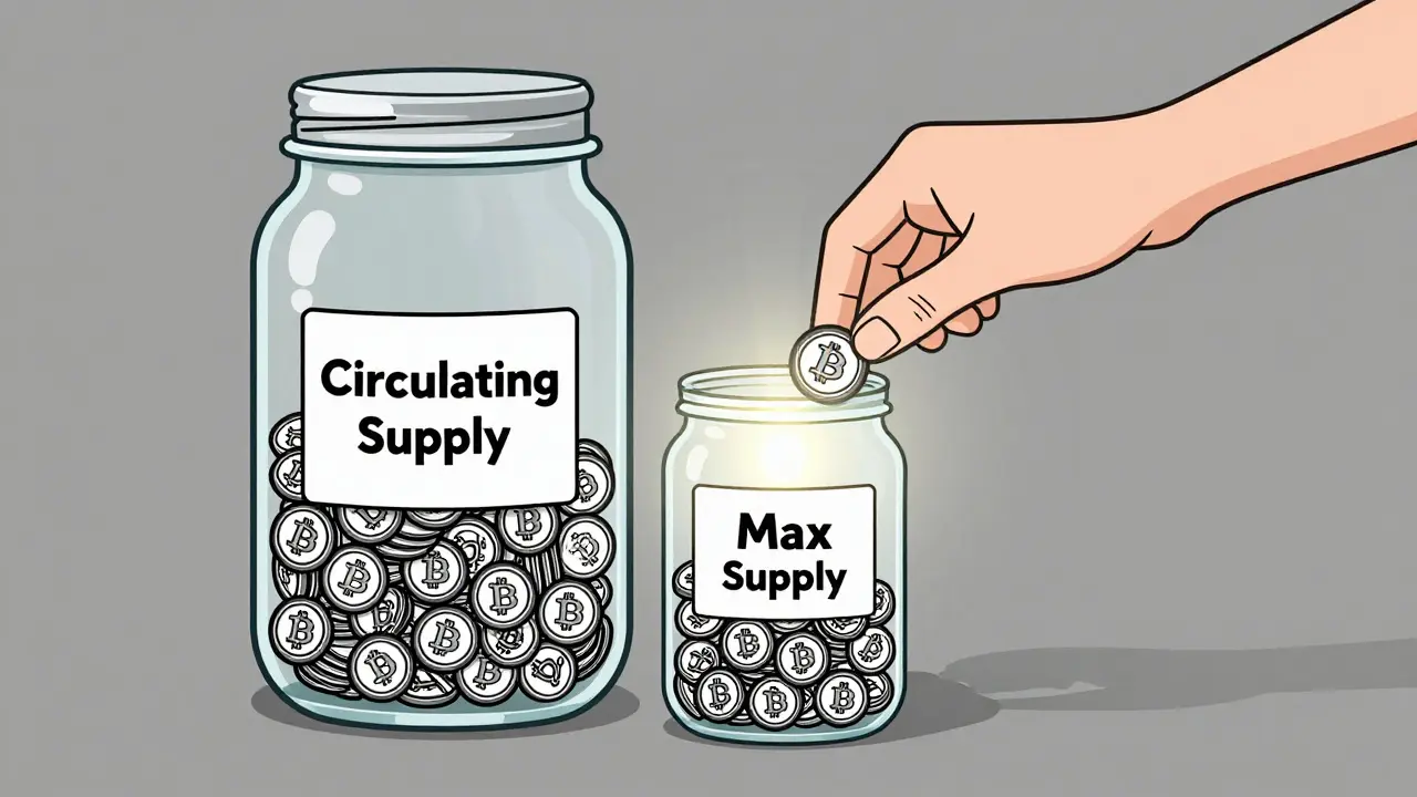 A transparent jar labeled 'Circulating Supply' with 19.5 million Bitcoin icons lit up, versus a larger jar of unlit coins labeled 'Max Supply'.