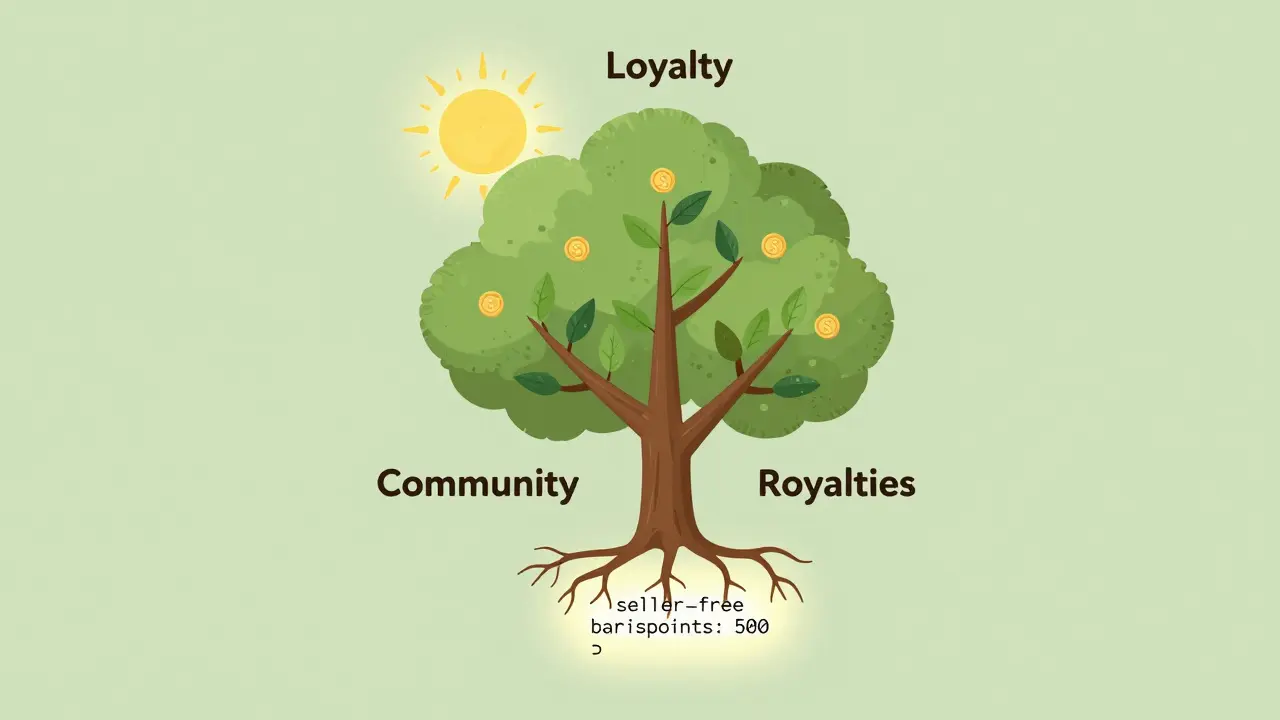 A tree with roots labeled 'Community' and leaves as resale events, glowing with a smart contract code at its base.