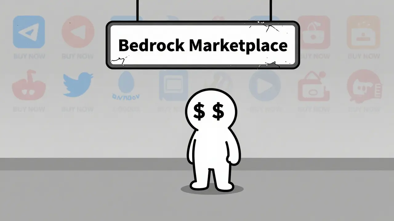 An empty marketplace sign stands alone with bot spam fading into static around it.