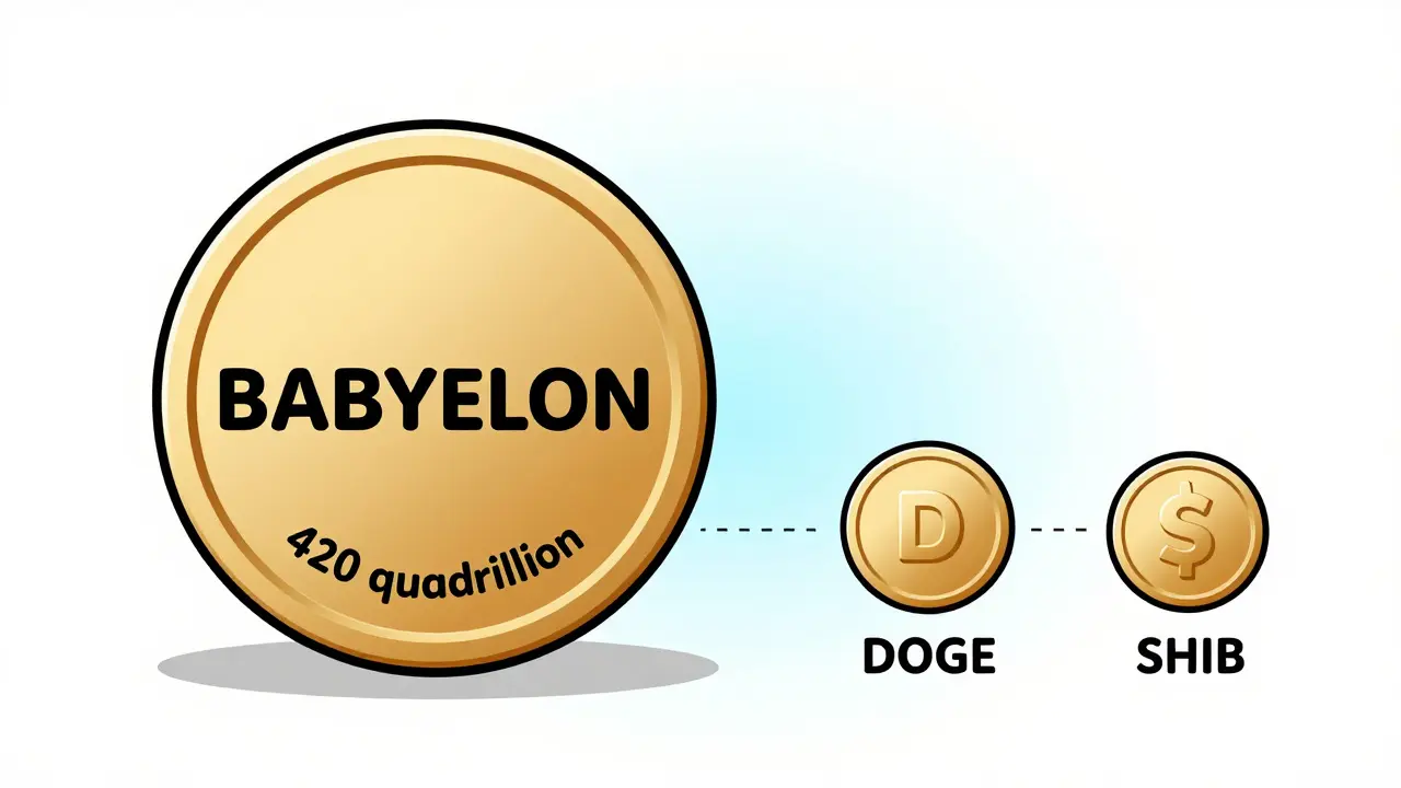BABYELON token dwarfed by DOGE and SHIB tokens, showing market cap contrast.